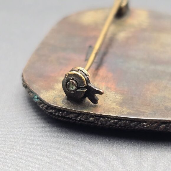 VTG Red Cinnabar Floral Carved Brooch Pin Silver Filigree & Rope Edge China - Picture 6 of 7